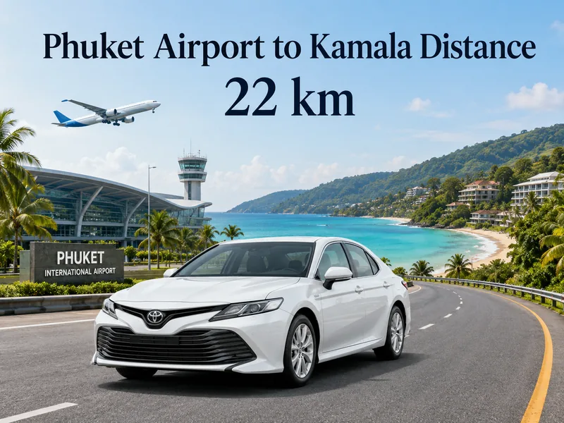 Distance by road from Phuket airport to Kamala Beach: 27 km, about 49 minutes