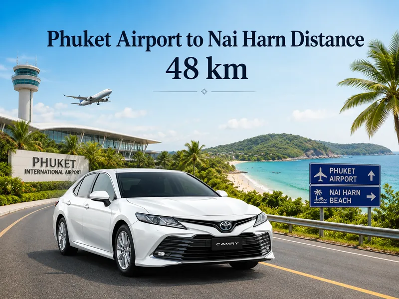 Road distance from Phuket airport to Nai Harn Beach, 48 km