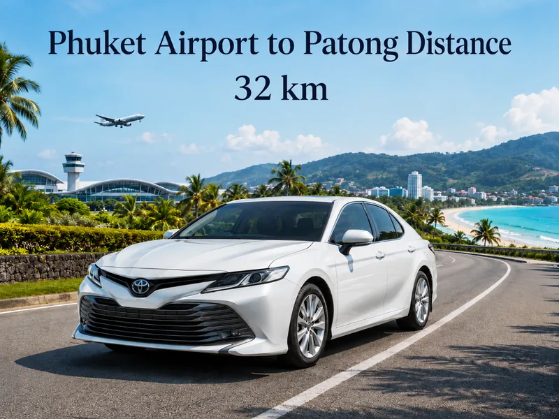 Road from Phuket airport south to Patong, 40 km by Highway 402 and over Patong Hill